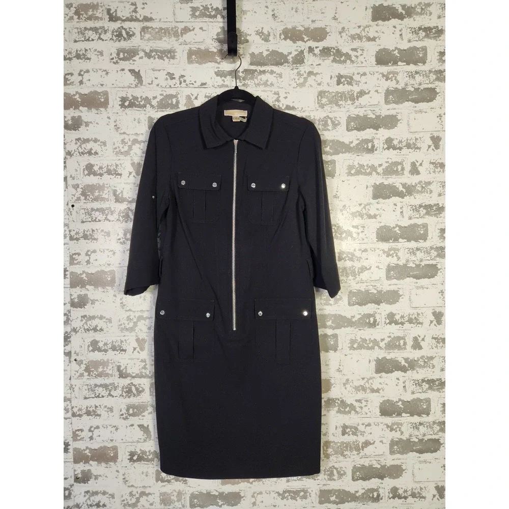 Michael Kors Shirt Dress Medium Black Zip Front Knee‎ Length Pockets Utility